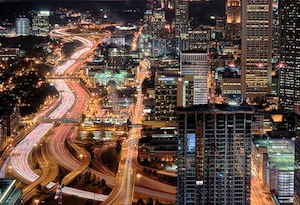 Atlanta downtown buildings and freeways at night
