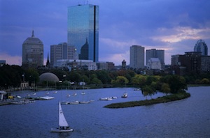 Boston downtown skyline and waterfront with sailboat