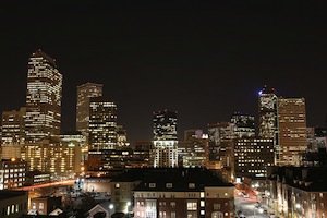Downtown Denver buildings at night