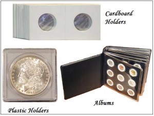Cardboard holders, plastic holders, and an albums for to store and display coins.