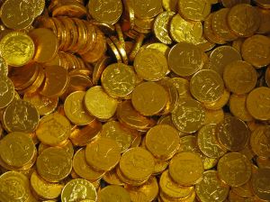 Gold coins are often found in treasure sites.