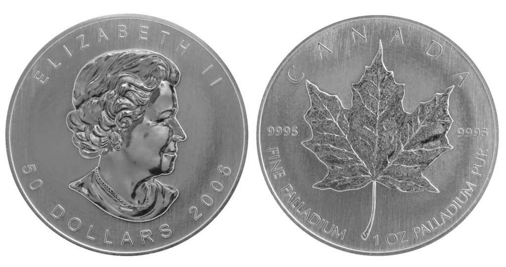 A 2006 Canadian 50 Dollar coin made from 1 oz of palladium that can be sold for cash with Cash for Gold USA, an online palladium buyer.