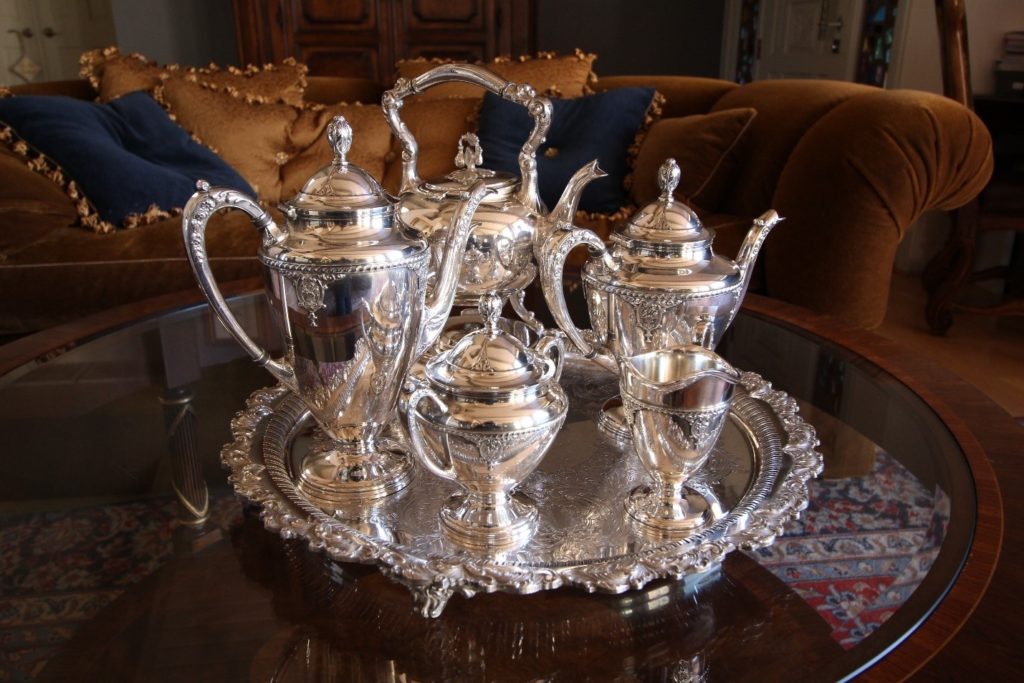 A tea set made from sterling silver, something that you can sell to an online silver buyer such as Cash for Gold USA.