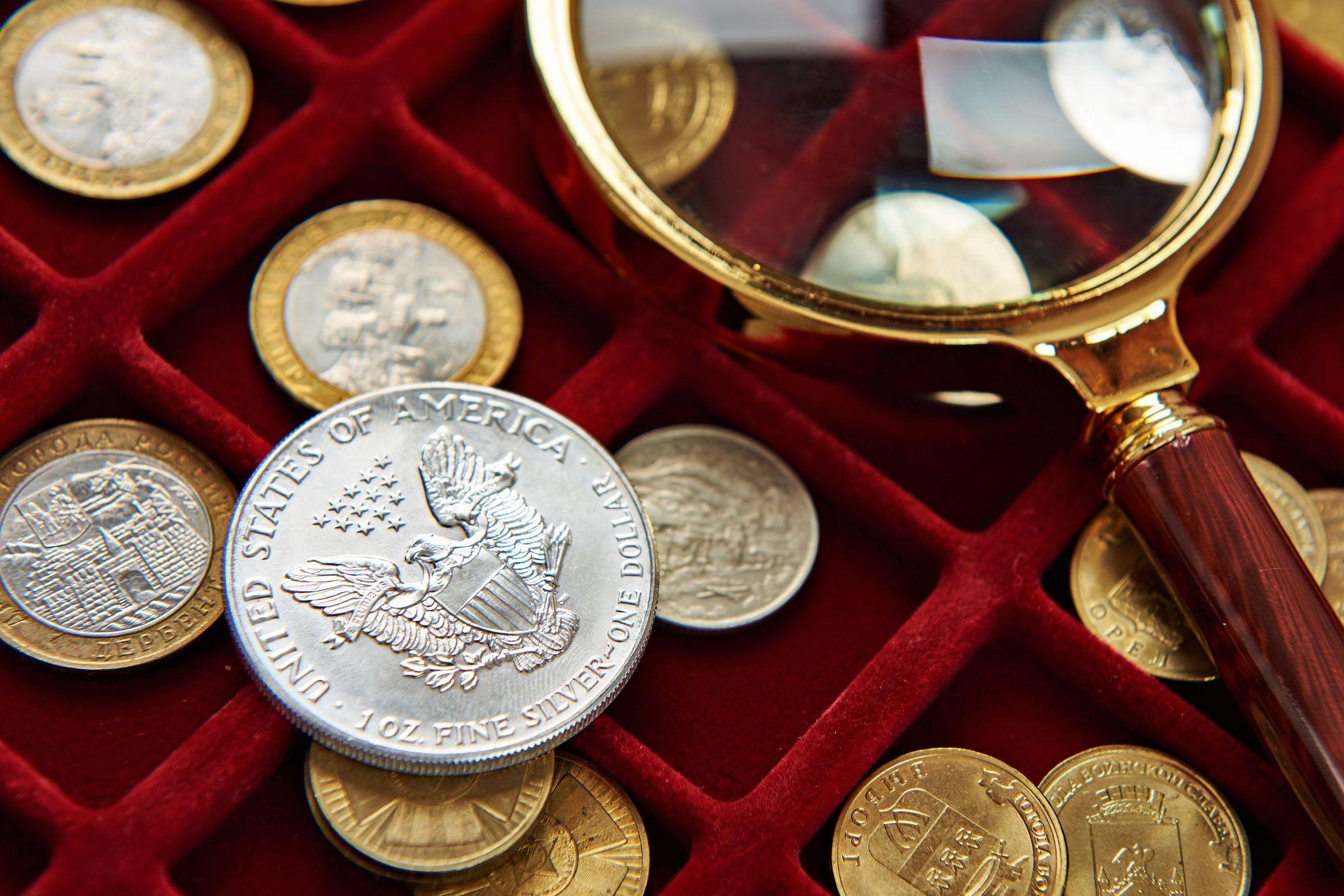 Collectible coins in a red velvet organization box.