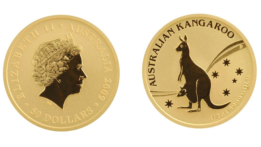 Australian Gold Kangaroo coin front and back view.
