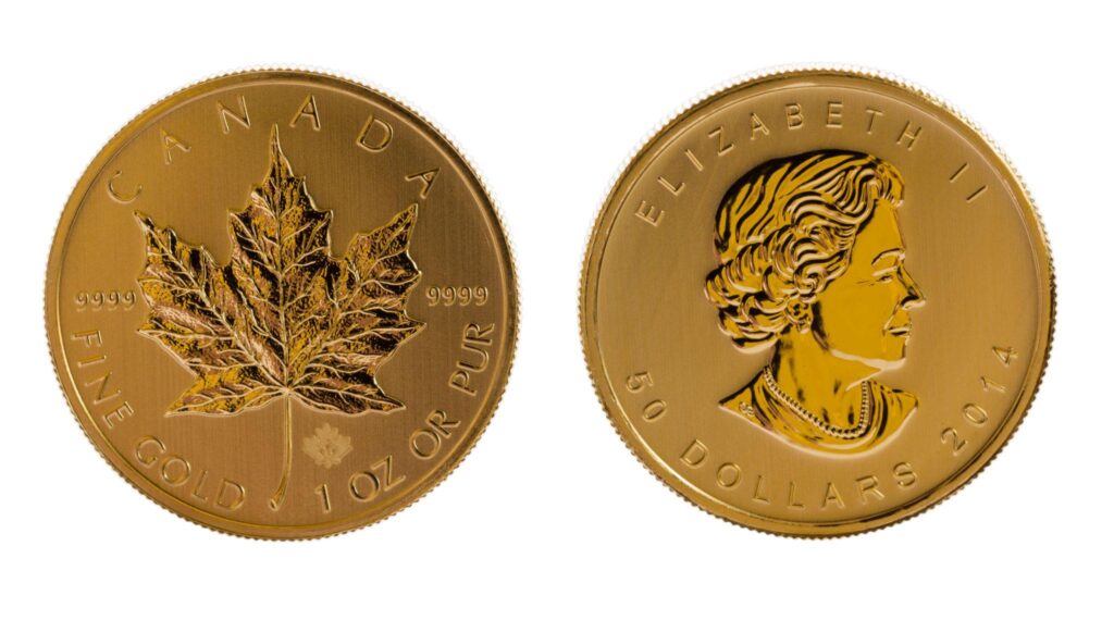 Canadian Gold Maple Leaf coin front and back view.
