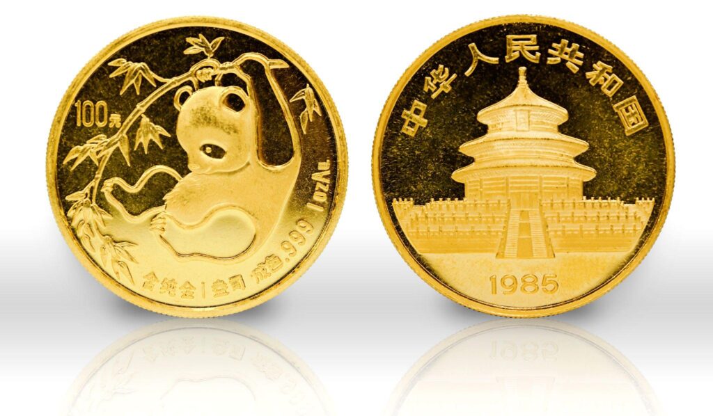 Chinese Gold Panda coin front and back view.