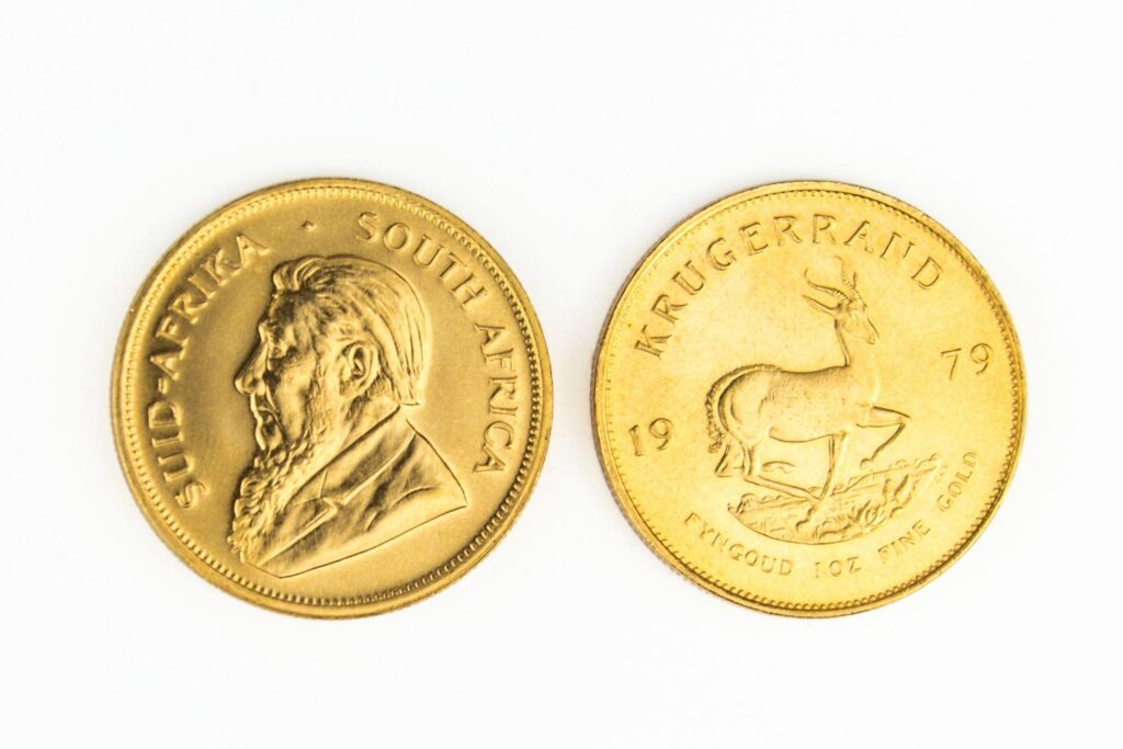South African Krugerrand coin front and back view.